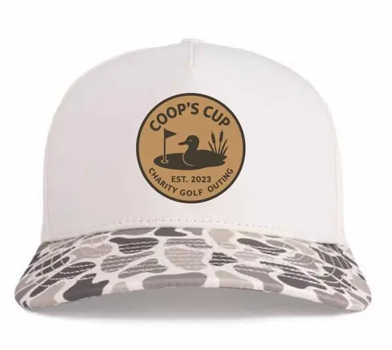 White Coop's Cup hat with camouflage brim
